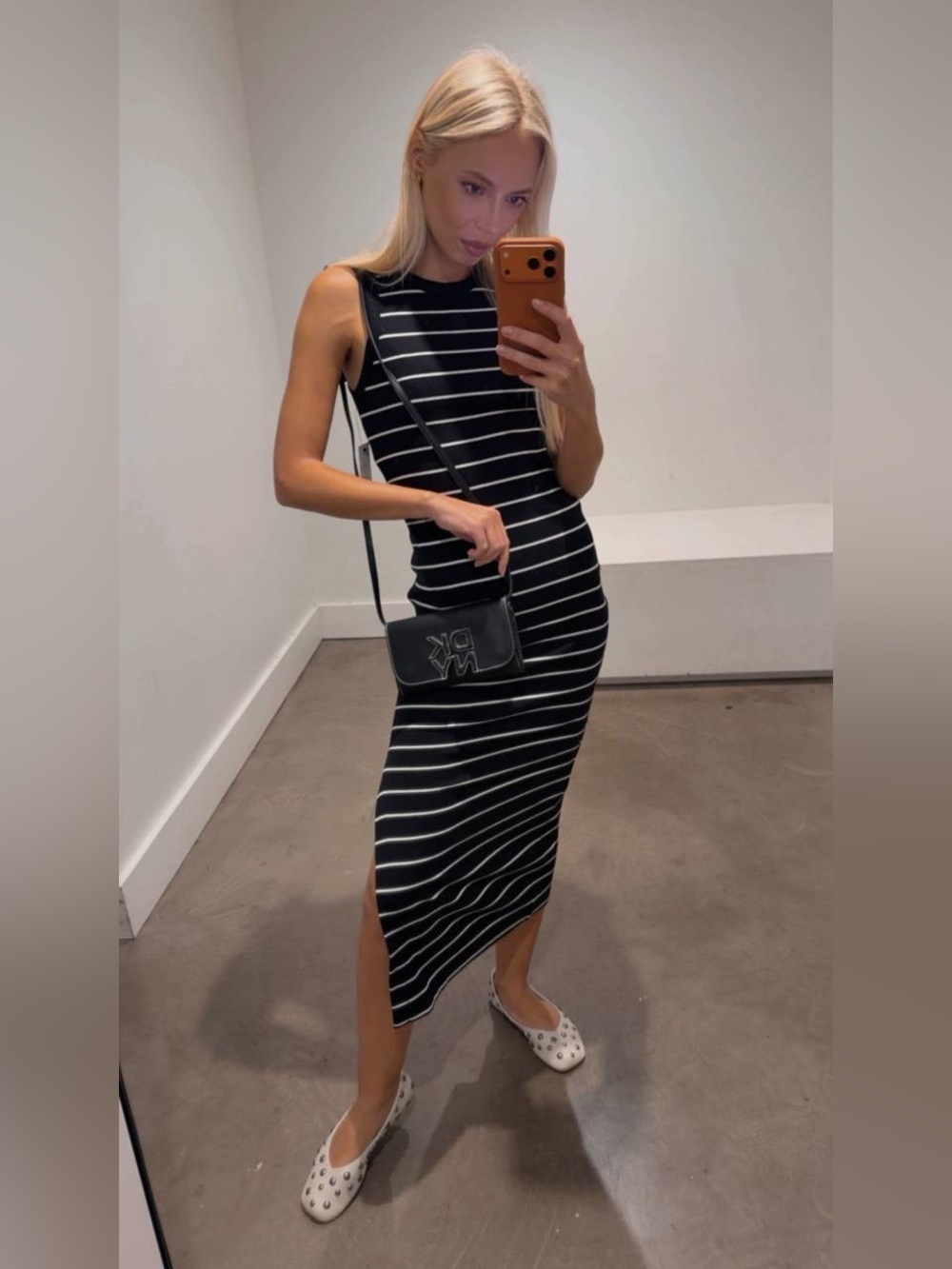 DKNY Jeans Striped Ribbed Midi Dress Black White Sleeveless XL NWT